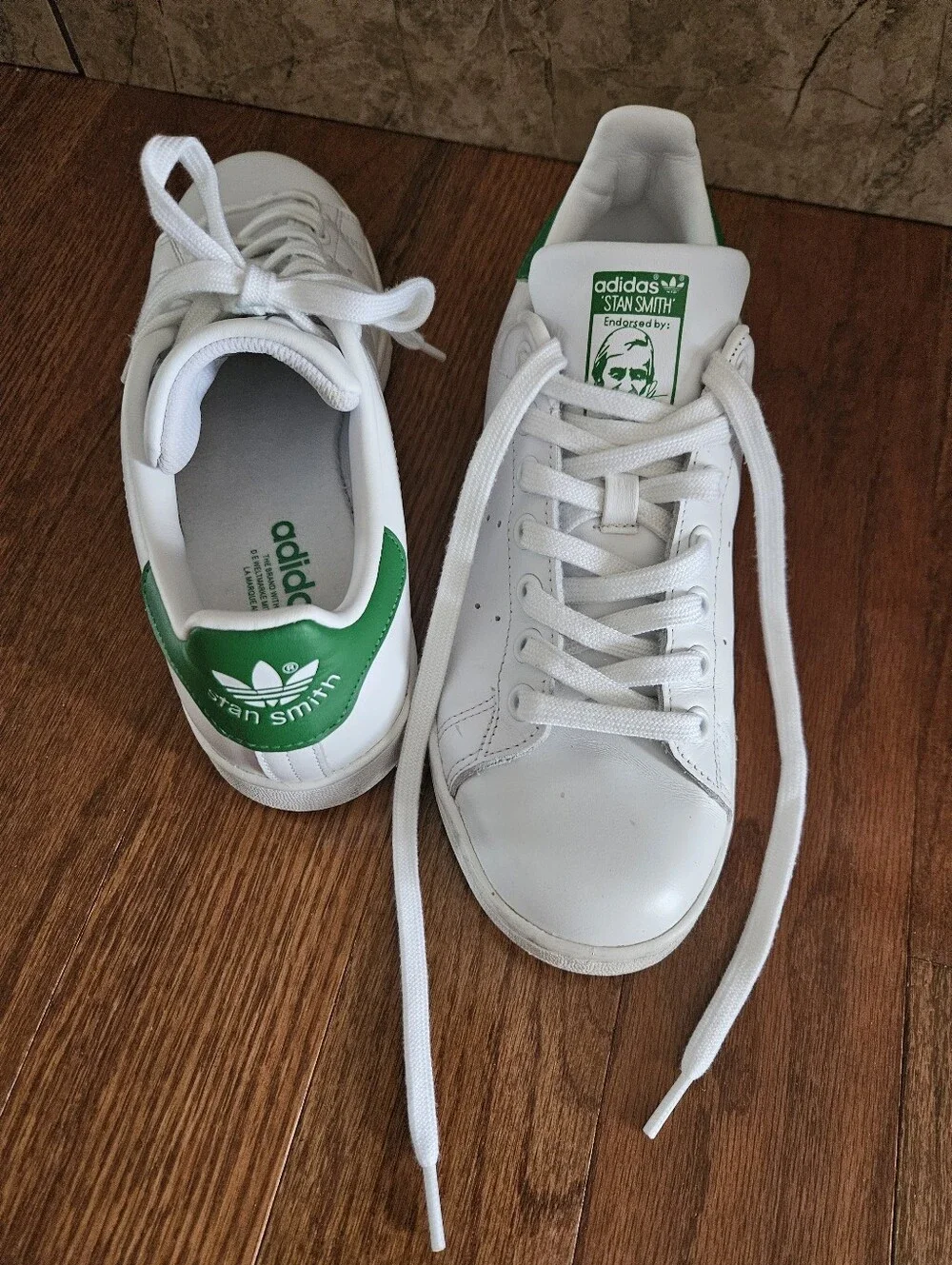 adidas White Leather Sneakers with Green Tongue Logo, Stan Smith